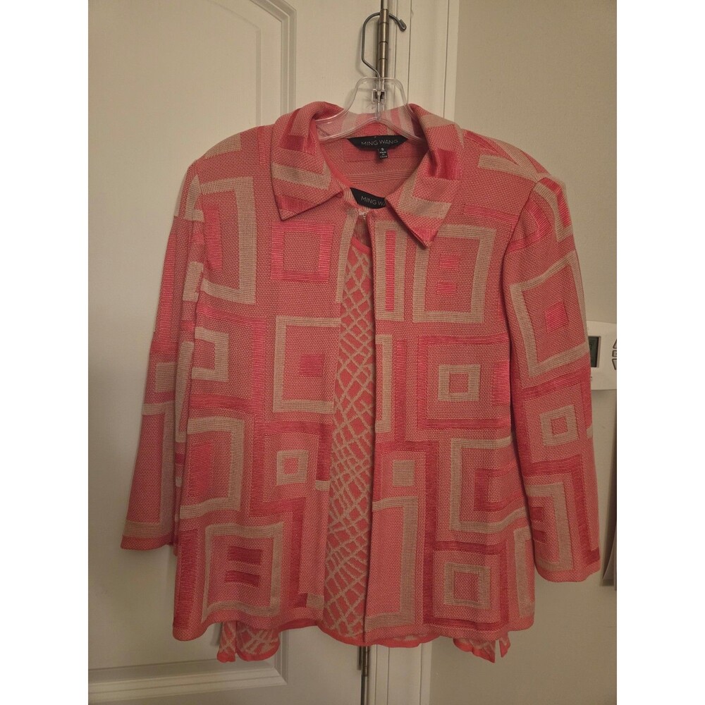 Ming Wang Pink & Beige Geometric Print Cardigan 3/4 Sleeves & Tank Top Set Sz S